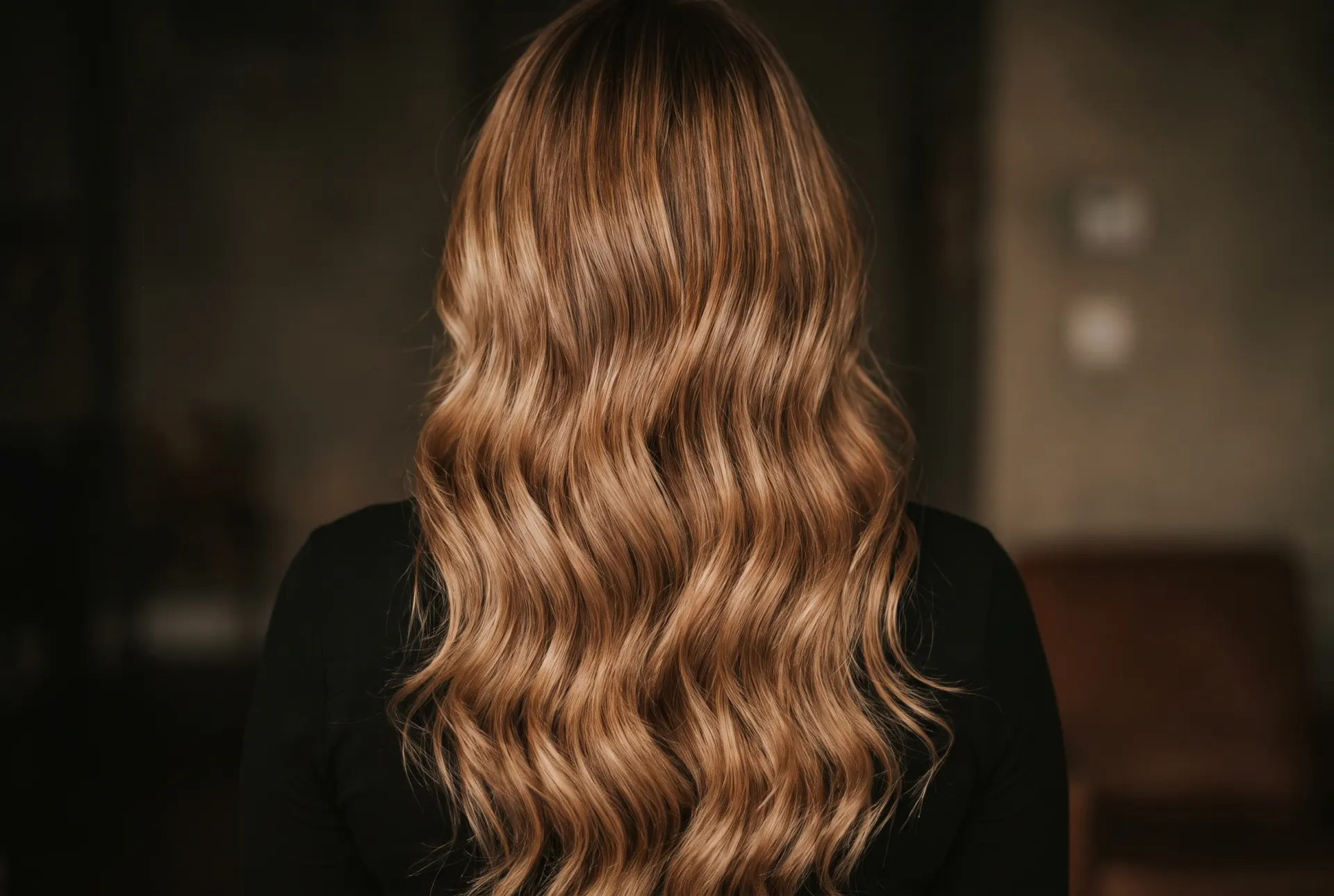 Långt vågigt hår bakifrån med mjuk karamellfärgad balayage