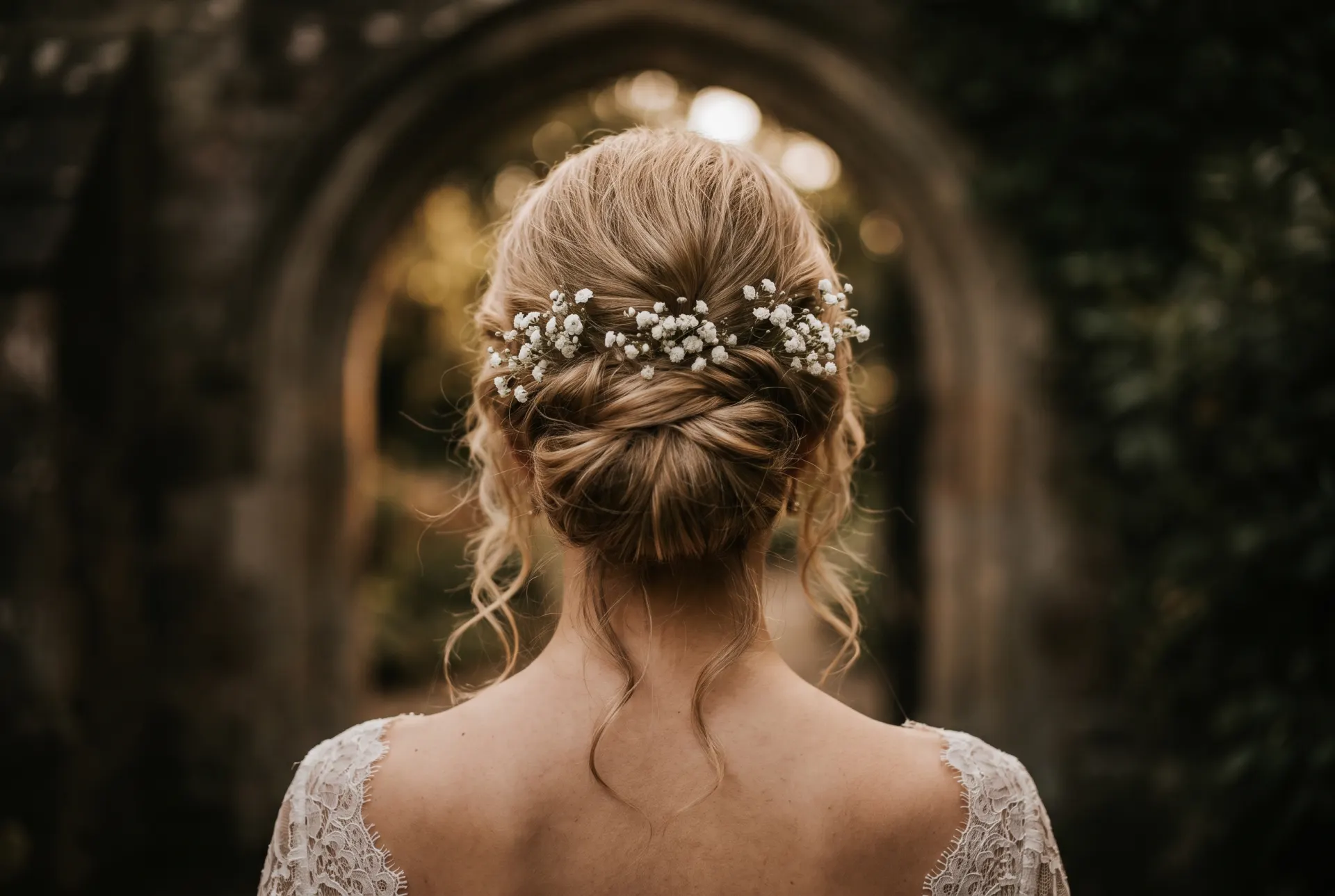 Bruduppsättning bakifrån – låg knut med små vita blommor