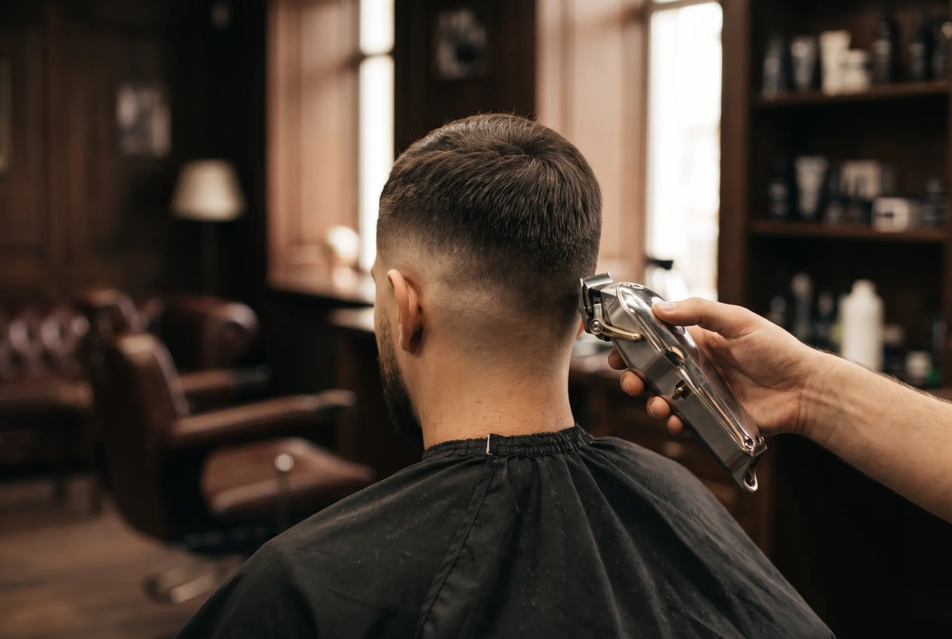 Nyklippt skin fade i nacken, frisör med trimmer
